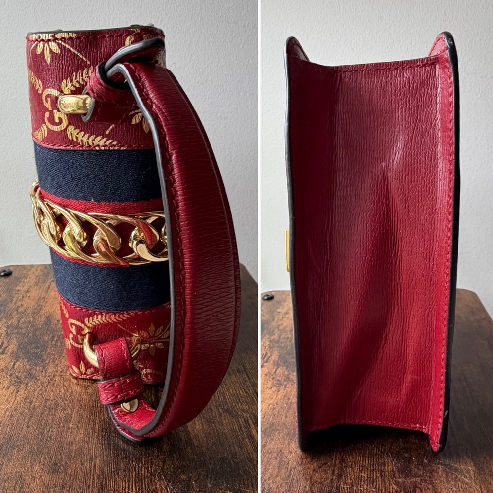 Gucci Sylvie Textured Gold Foil Pattern Mini Top Handle Bag – Hibiscus Red - Picture 8 of 16